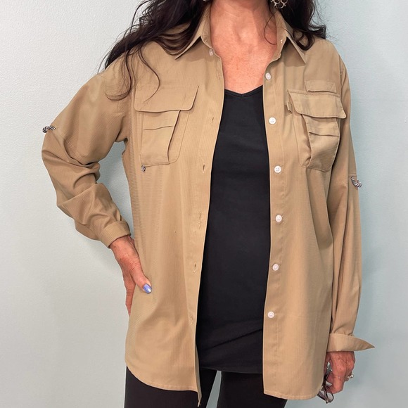 Neutral Long Button down Shirt Size Small Army Cargo Pockets Button Up Travel S - Picture 3 of 9